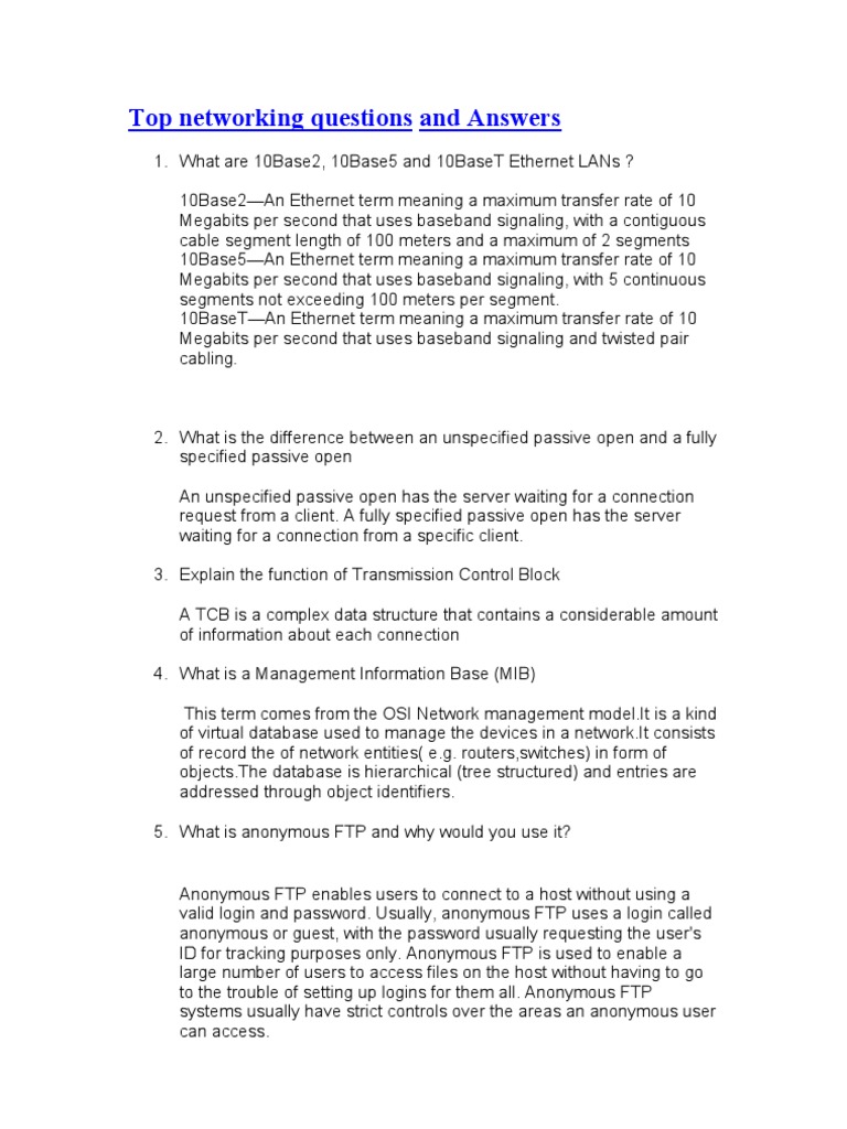 Top Networking Questions and Answers PDF Network Topology