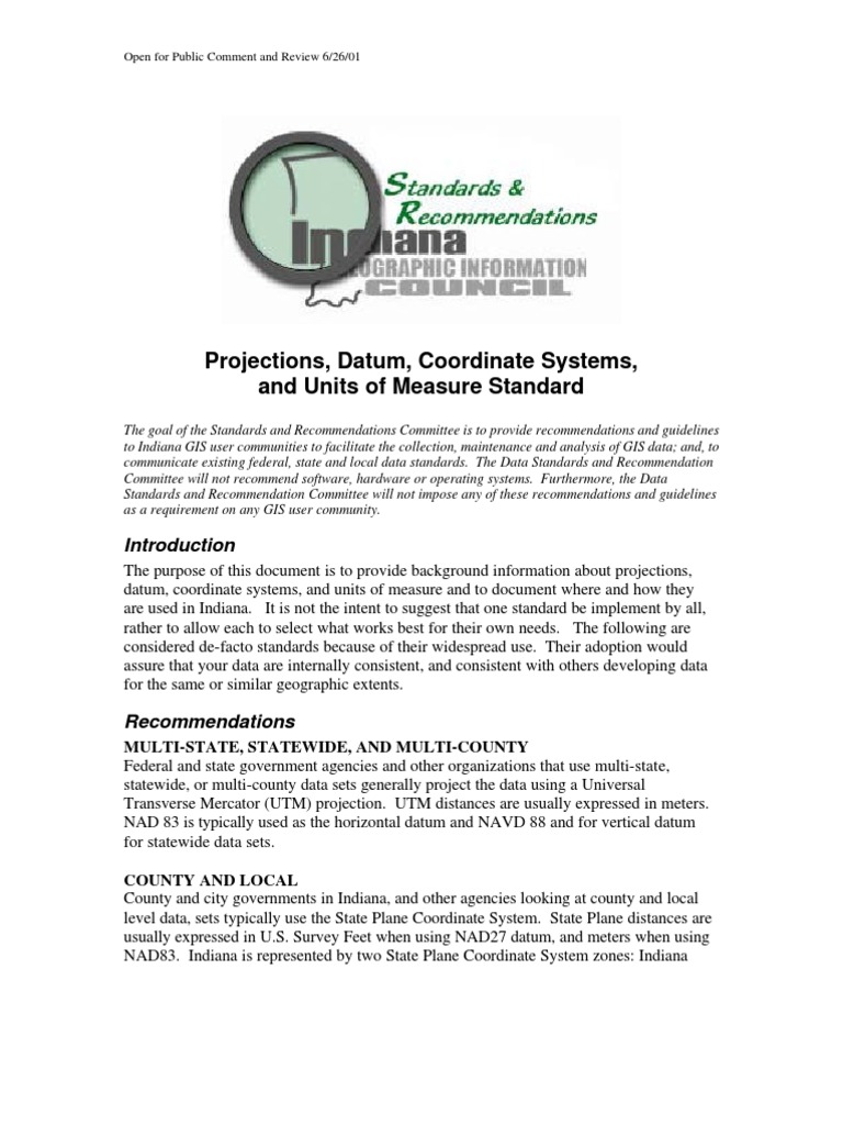 Projections, Datum, Coordinate Systems, and Units of Measure Standard | PDF