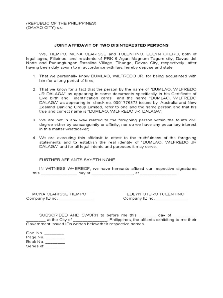 Joint Affidavit of Two Disinterested Persons | PDF