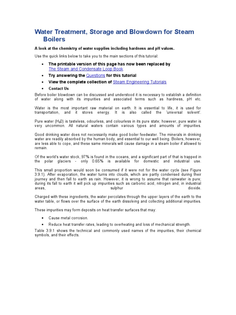 Water Treatment, Storage and Blowdown For Steam Boilers PDF Ph