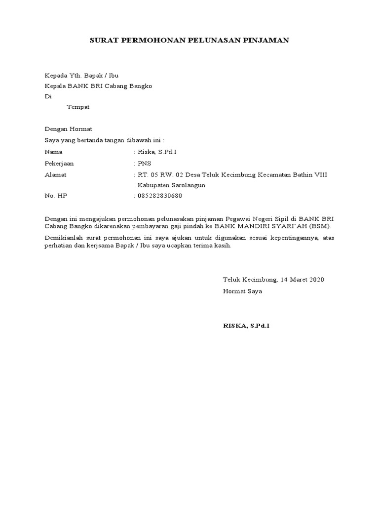 Surat Permohonan Pelunasan Jaman