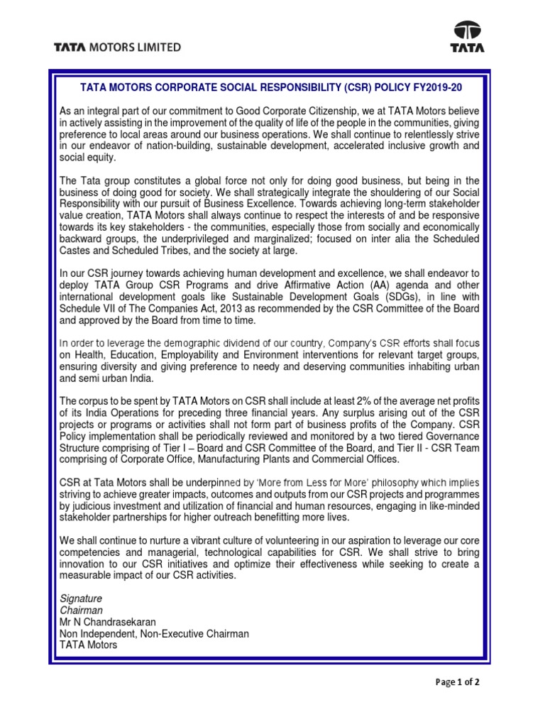 Csr-Policy Tata Motors PDF | PDF | Corporate Social Responsibility ...