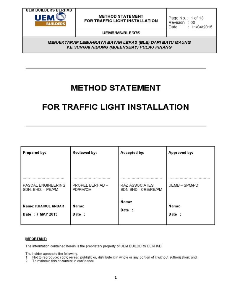 METHOD STATEMENT FOR TRAFFIC LIGHT INSTALLATION 1 Traffic Light Traffic
