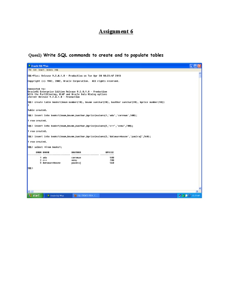 Assignment 6: Write SQL Commands To Create and To Populate Tables | PDF ...