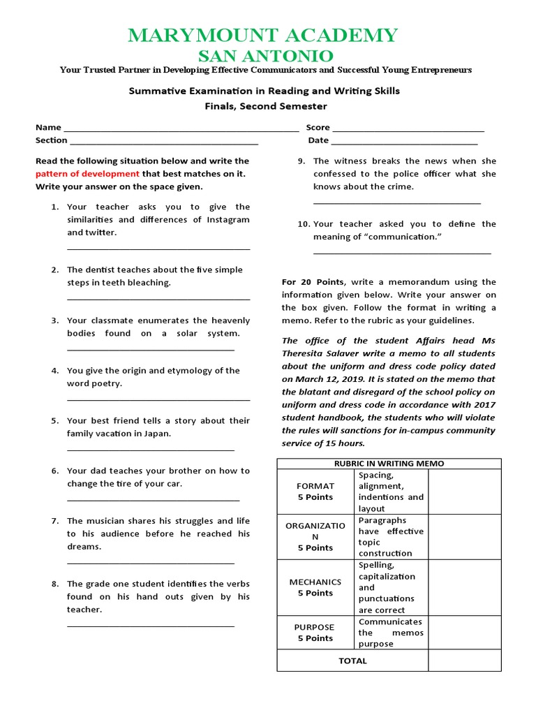 Summative Test Reading and Writing PDF Rubric (Academic) Semiotics