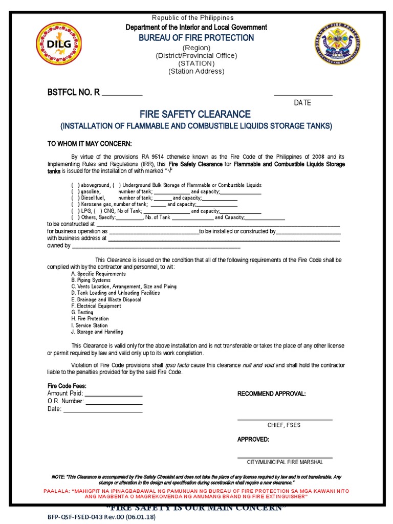 FSED 043 Fire Safety Clearance Installation of Flammable and Combustible Liquids Storage Tanks