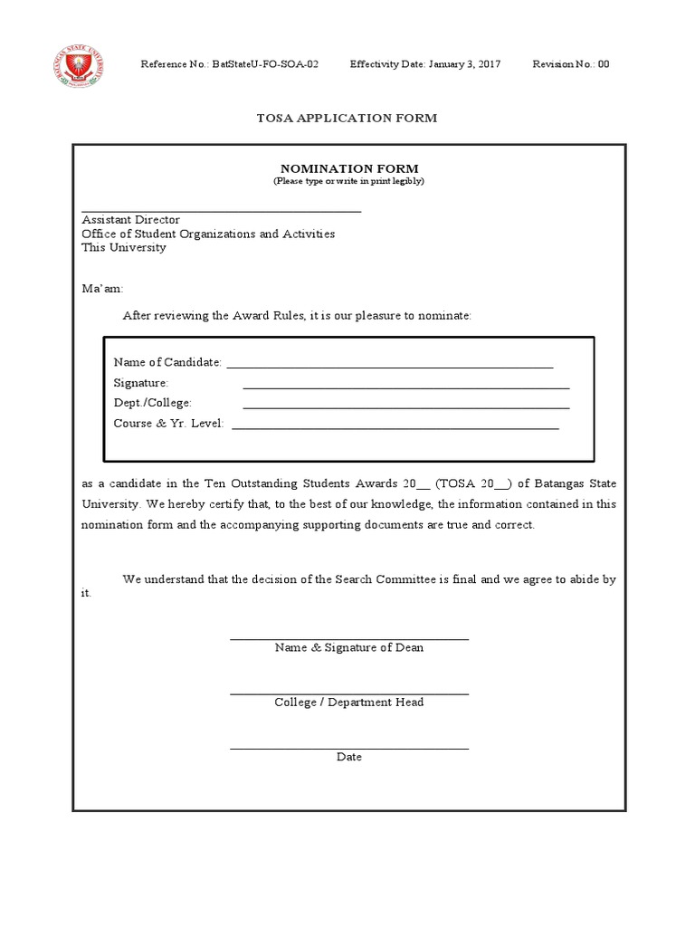 TOSA Application Form for Nominees | PDF | Academia | Behavior Modification