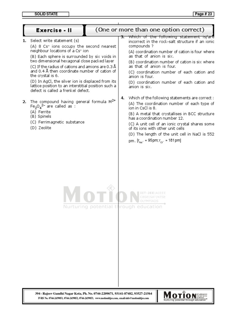 Solid State Chemistry Exercise | PDF | Ion | Mineralogy