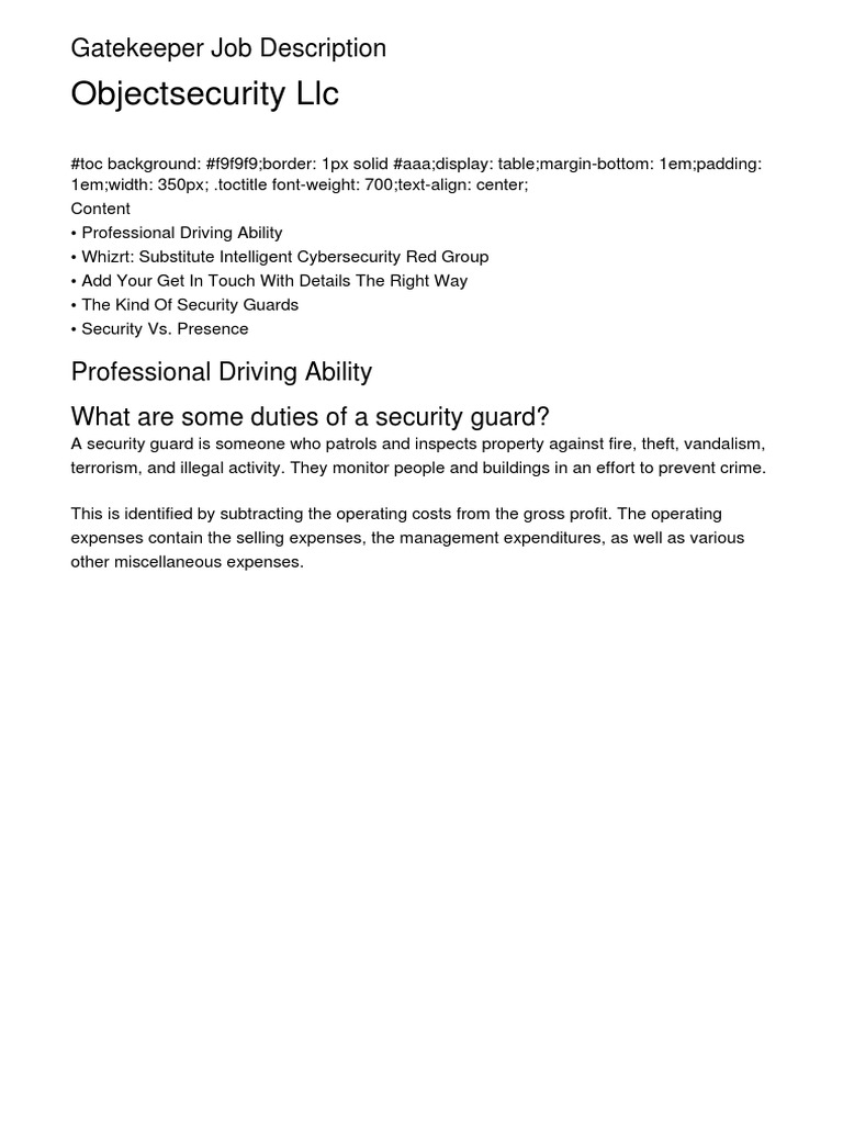 Gatekeeper Job Description and Skills | PDF | Business