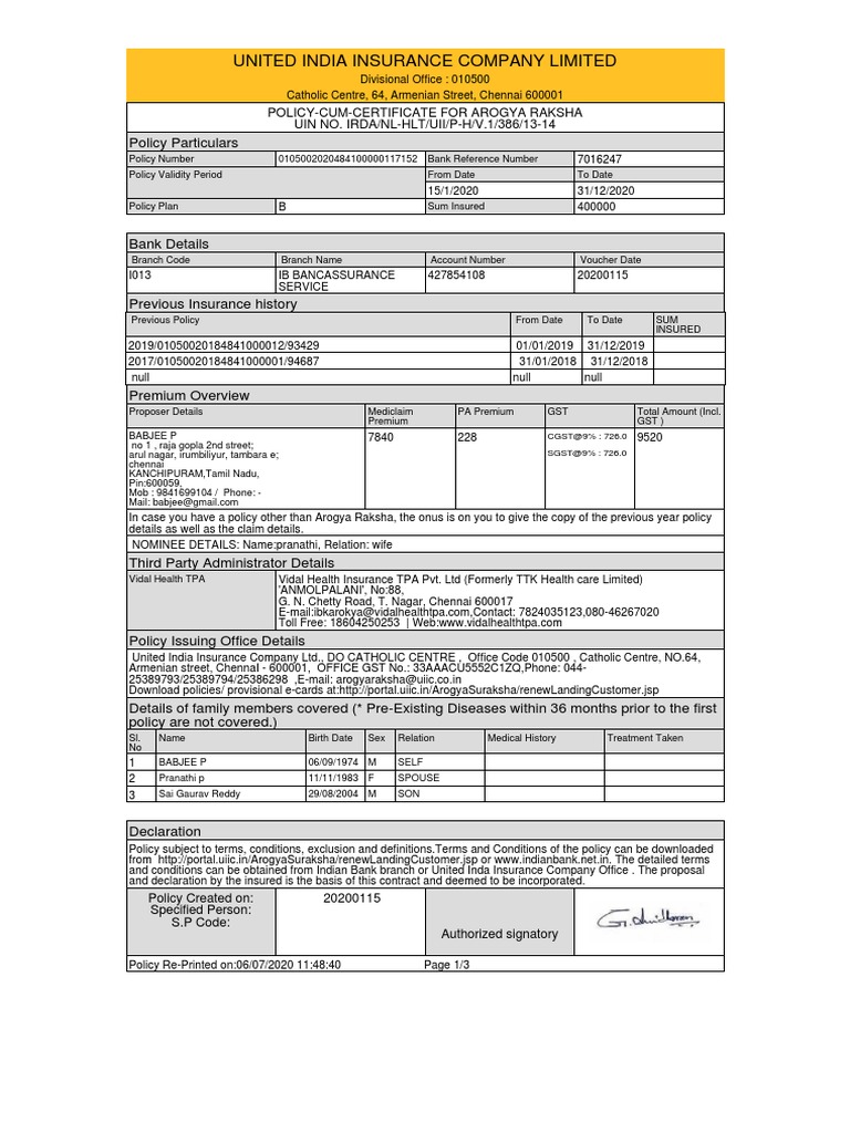 United India Insurance Company Limited | PDF | Deductible | Insurance