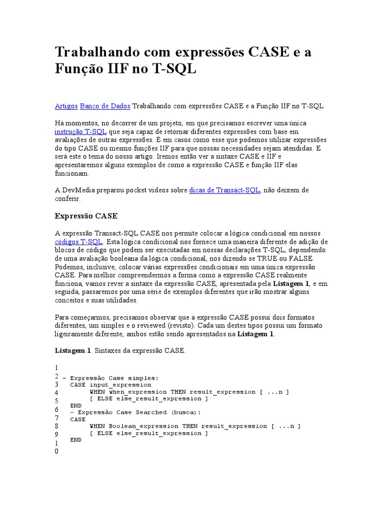 Trabalhando Com Expressões CASE e A Função IIF No T | PDF | SQL ...