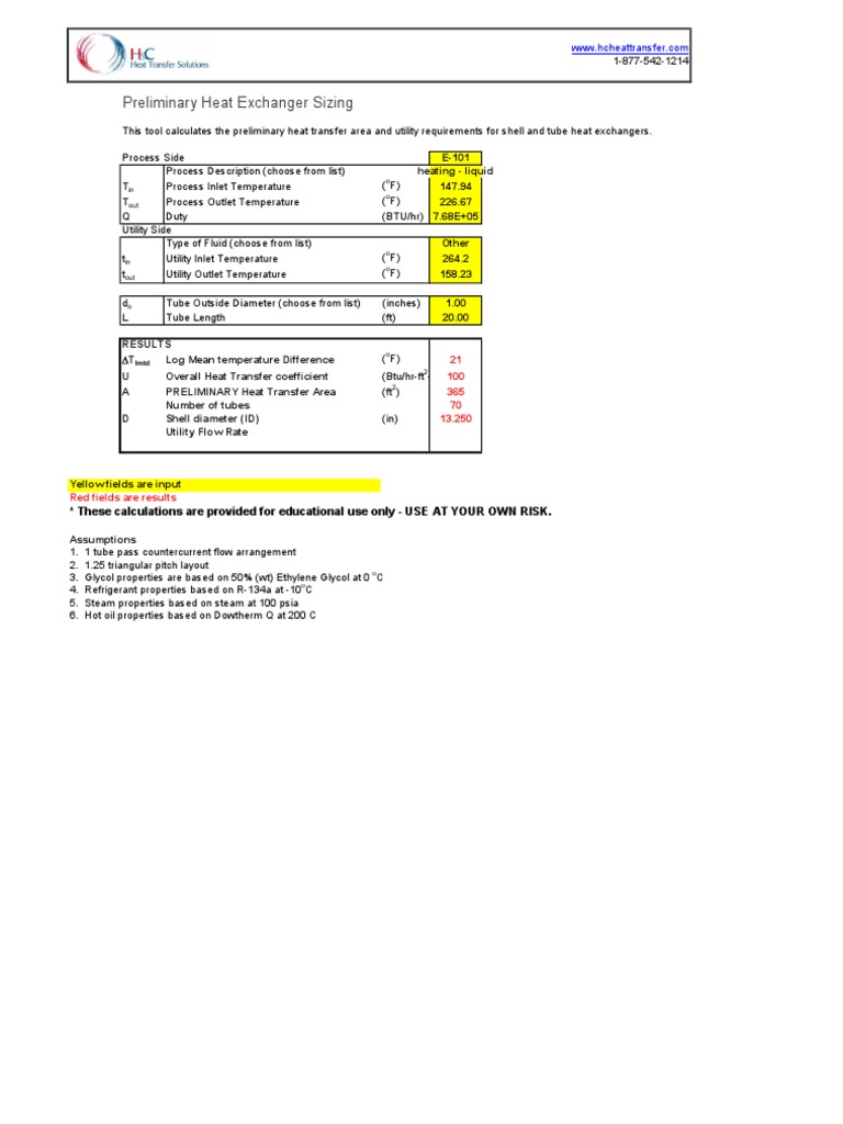 Preliminary Heat Exchanger Sizing These Calculations Are Provided For