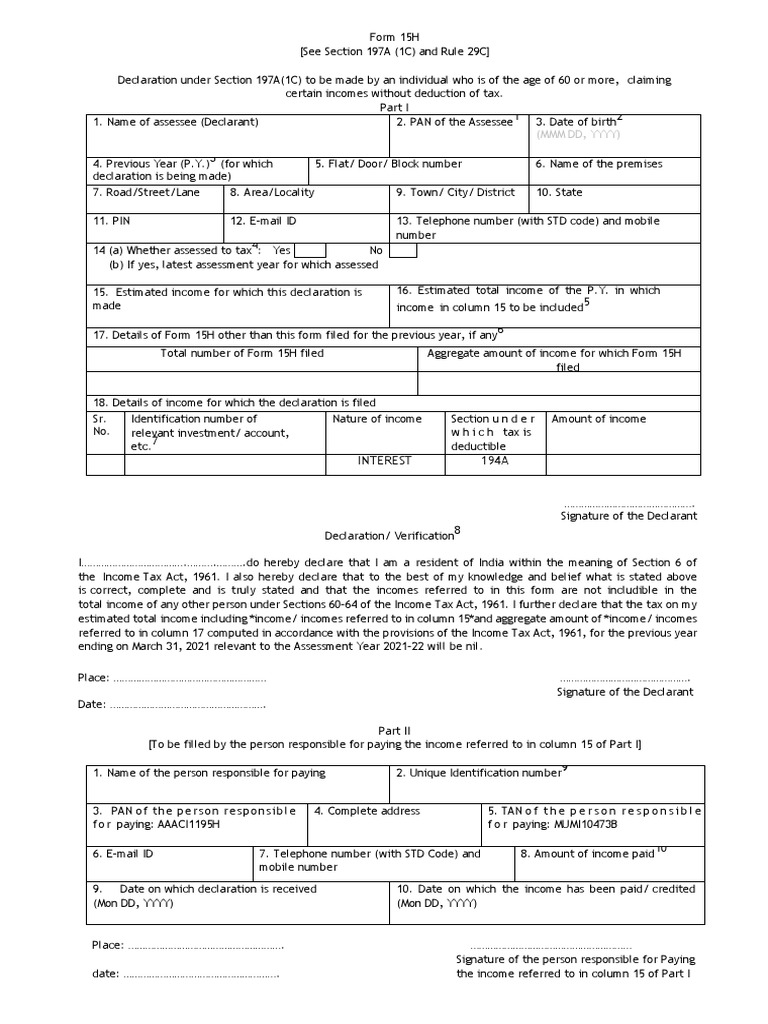Form 15 h 2020 21 download free pdf fine penalty income tax