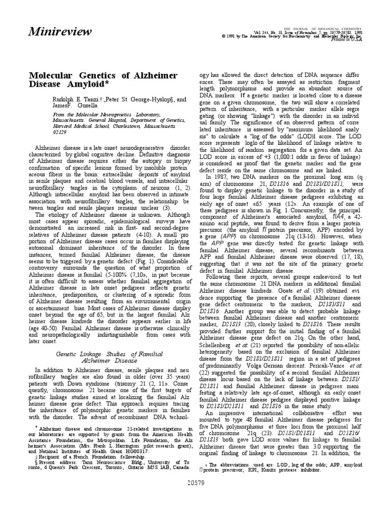 Tanzi-1991-Molecular Genetics of Alzheimer Dis | PDF | Genetic Linkage ...