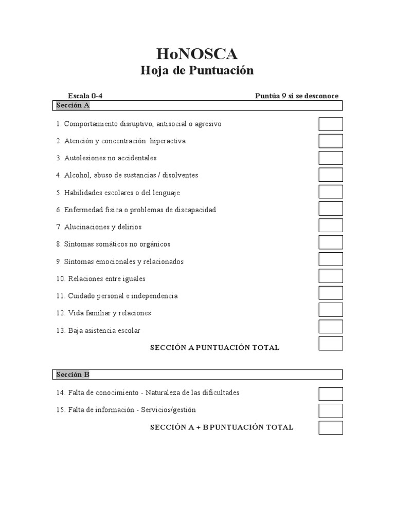 Hoja de Puntuación HoNOSCA | PDF | Relaciones personales, crianza y ...