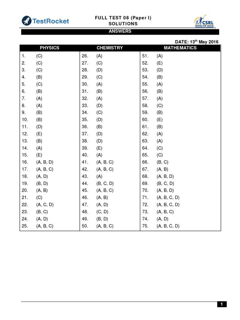 Full Test 08 Solutions: Physics, Chemistry, Math | PDF | Force ...
