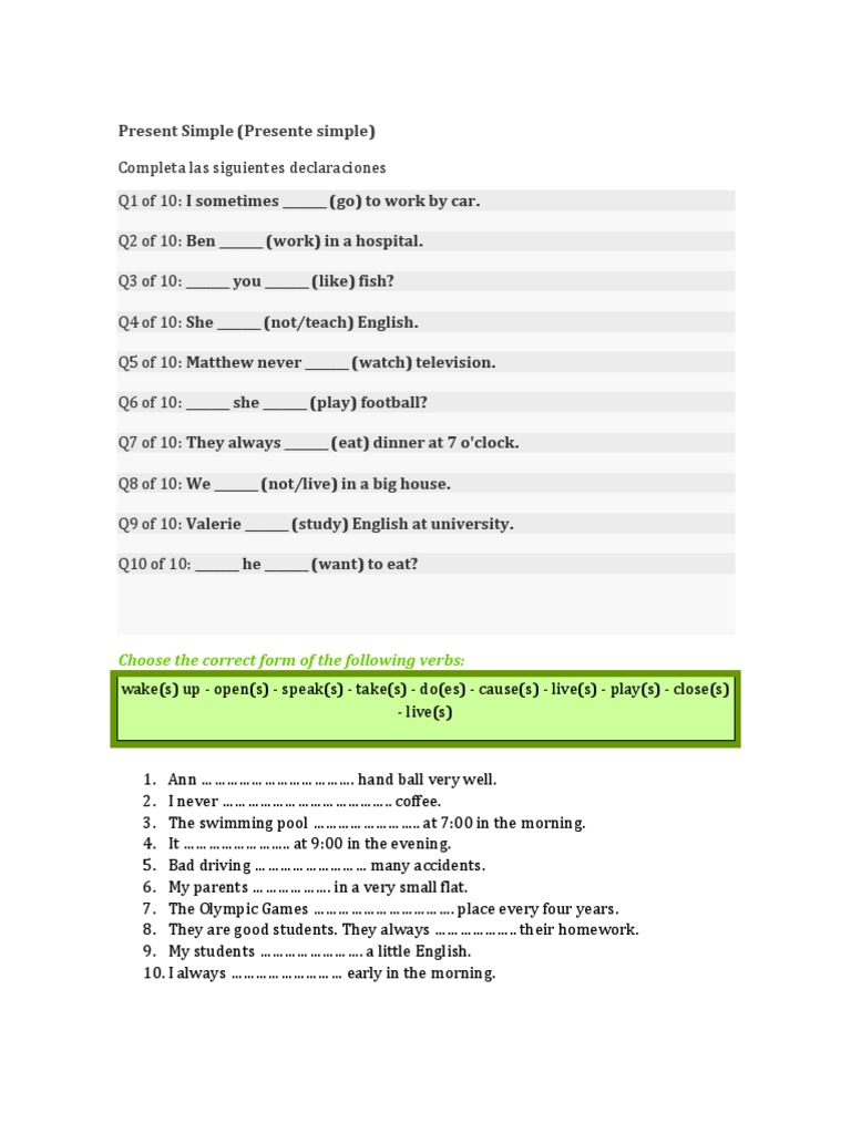 Present Simple (Presente Simple) : Choose The Correct Form of The ...