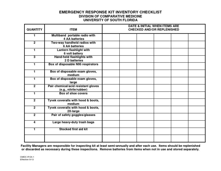 c124 Emergency Response Kit Inventory Checklist | PDF
