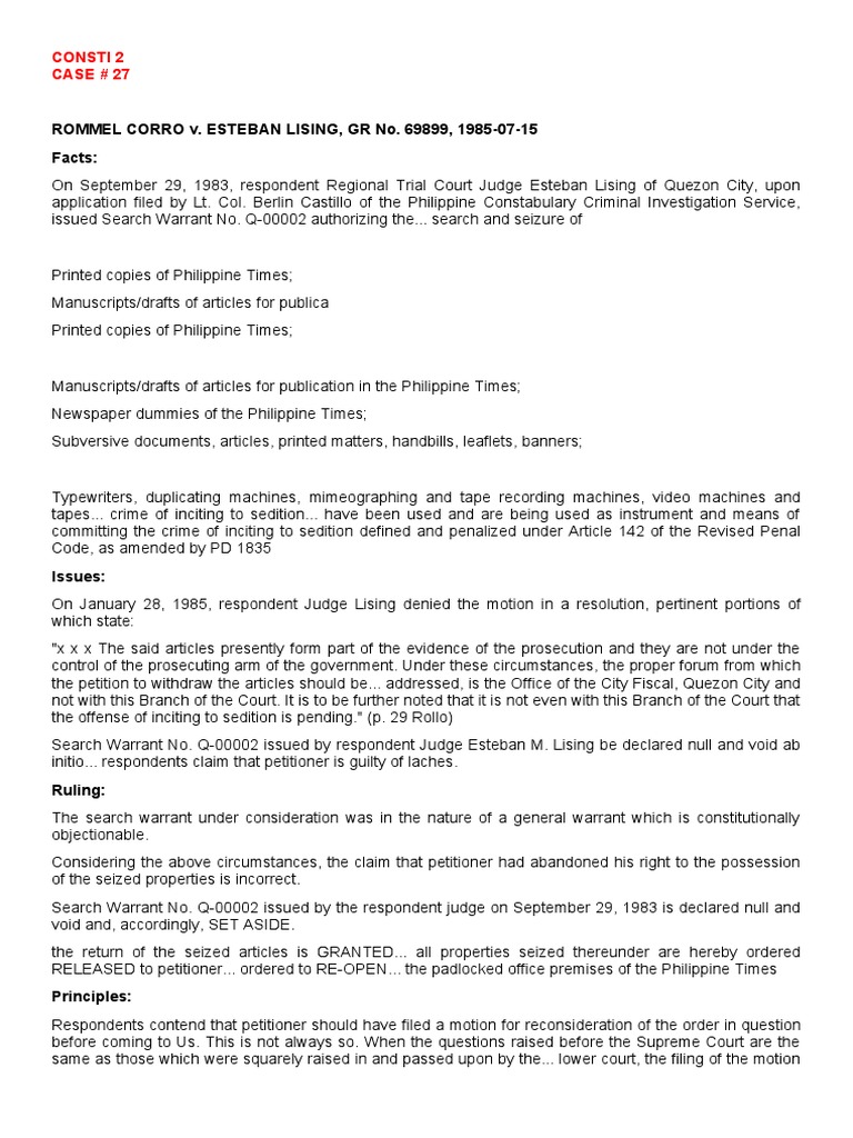 Corro Vs Lising Pdf Writ Search Warrant