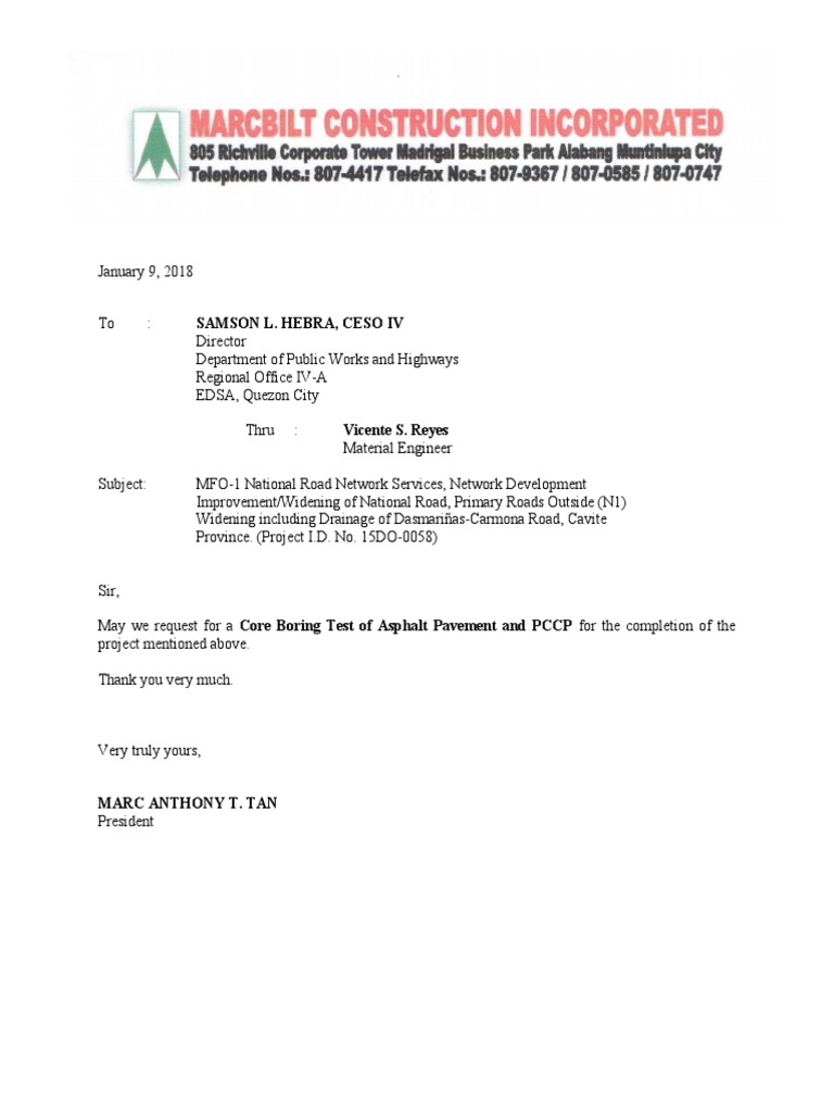 Request for Core Boring Test Approval | PDF | Technology & Engineering