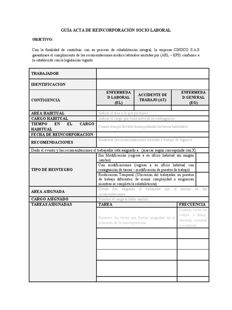 Anexo 2. Guía Acta de Reincorporación Socio Laboral | PDF | Labor ...
