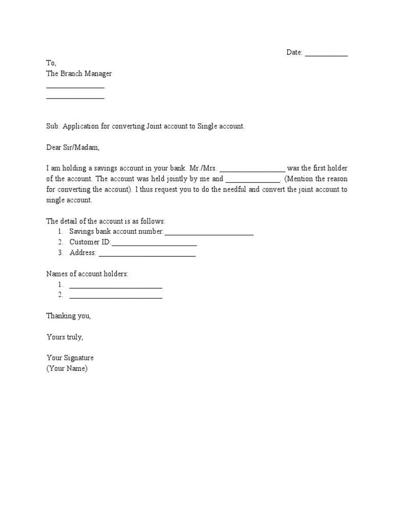Application For Converting Joint Account To Single Account PDF