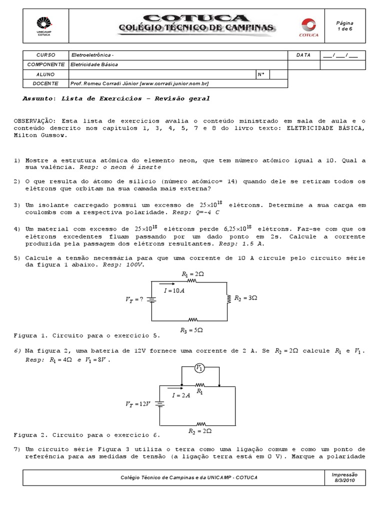 Lista de Exercícios de Eletricidade Básica | PDF | Circuitos em série e ...