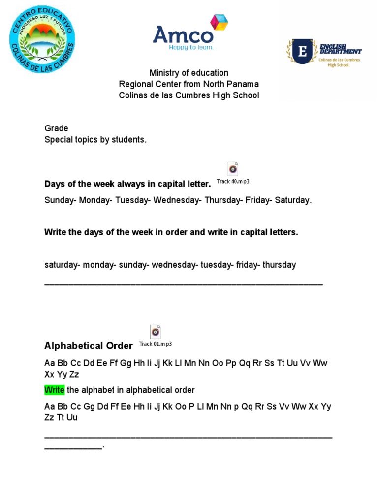 Days of The Week Always in Capital Letter.: Alphabetical Order | PDF