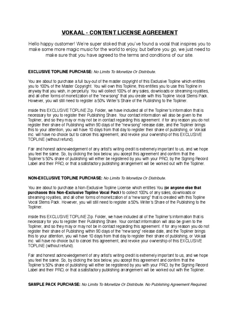 vokaal - content license agreement pdf | pdf | royalty payment