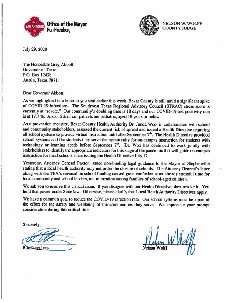 Letter to Governor RE School Health Directive