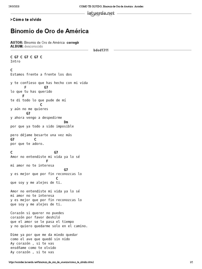 Como Te Olvido Binomio De Oro De America Acordes Musica Grabada Albumes