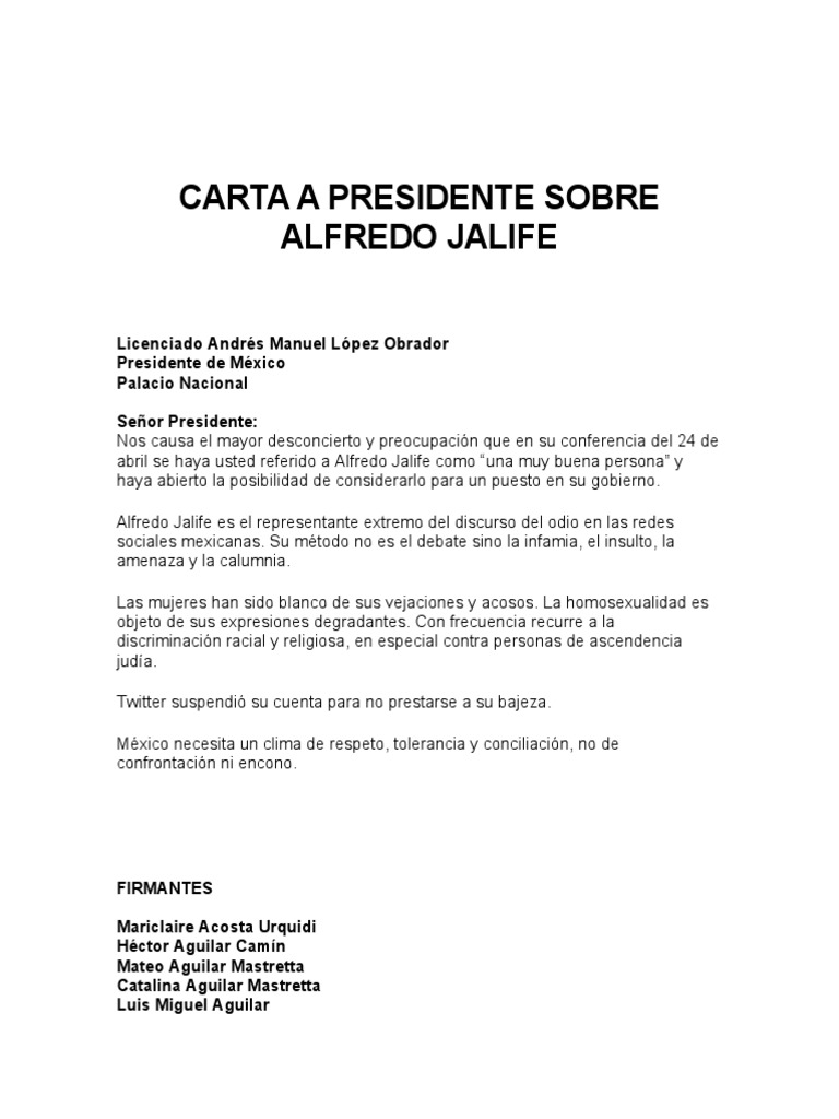 Carta A Presidente Sobre Alfredo Jalife PDF México Política (general)