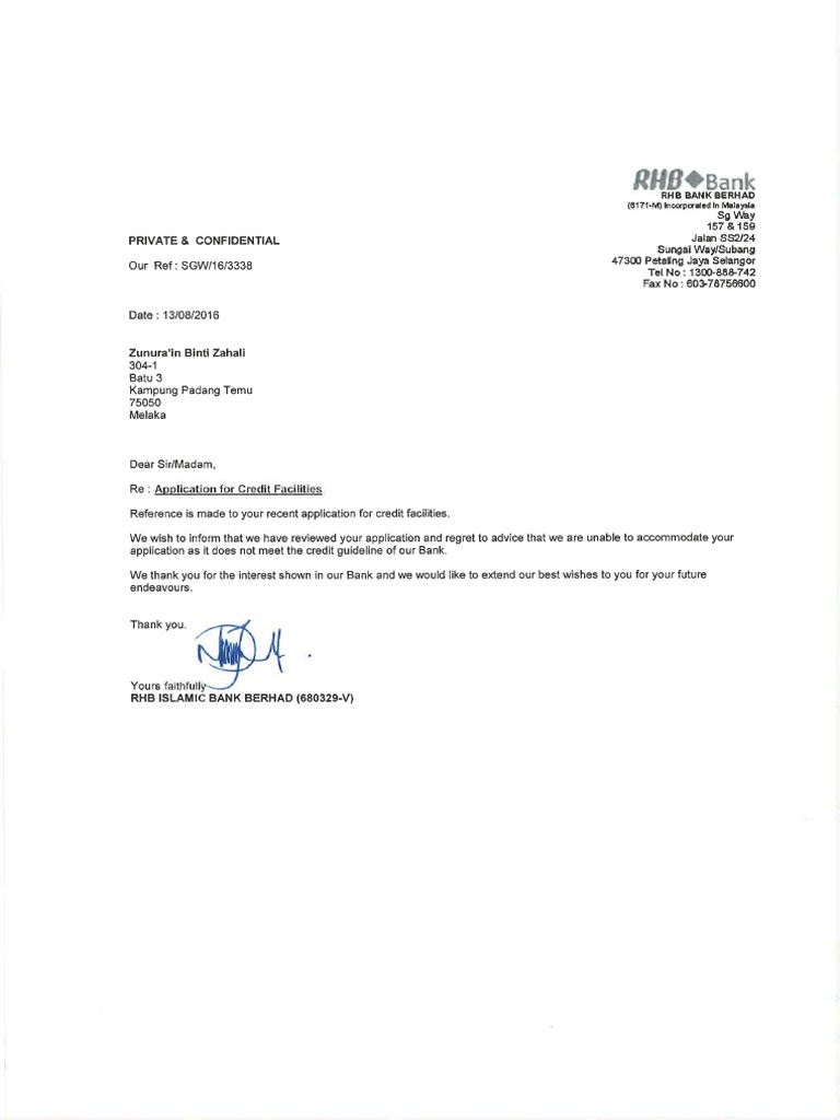 Rejection Letter Rhb Pdf