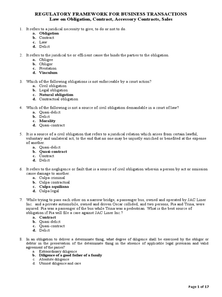 Regulatory Framework For Business Transactions Law On Obligation
