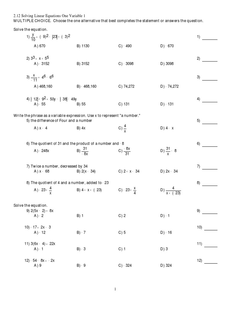 Class 7 Linear Equations Practice Set | PDF | Equations | Mathematical ...