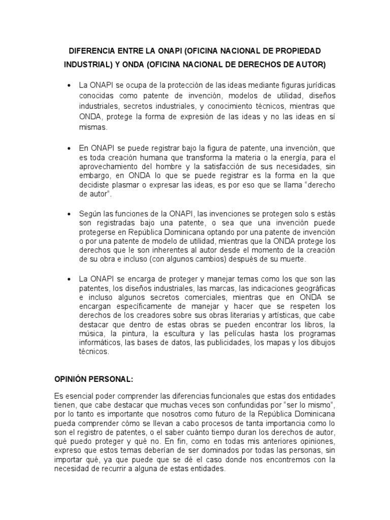Diferencias entre ONAPI y ONDA en RD | PDF | Patentar | Derechos de autor