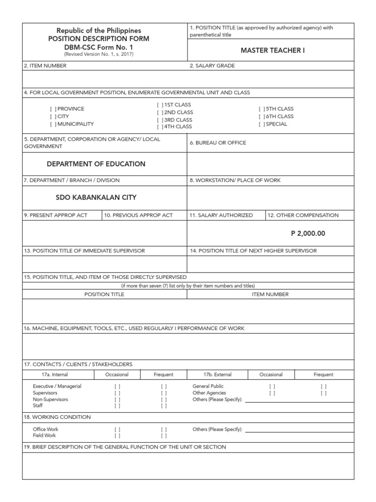 Republic of The Philippines Position Description Form DBMCSC Form No