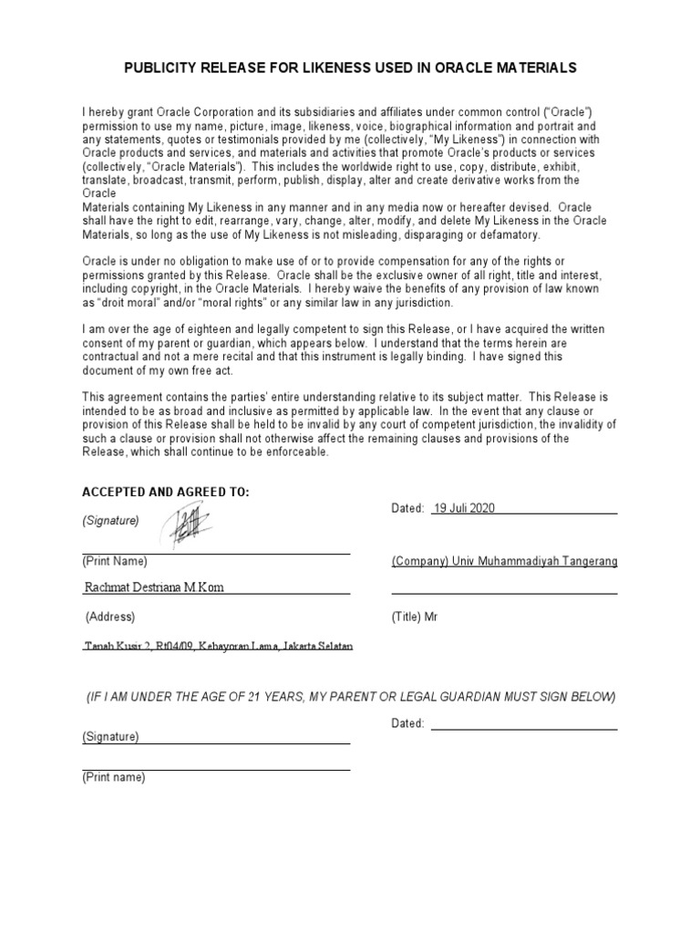 Oracle Likeness Publicity Release Form | PDF | Virtue | Social Institutions