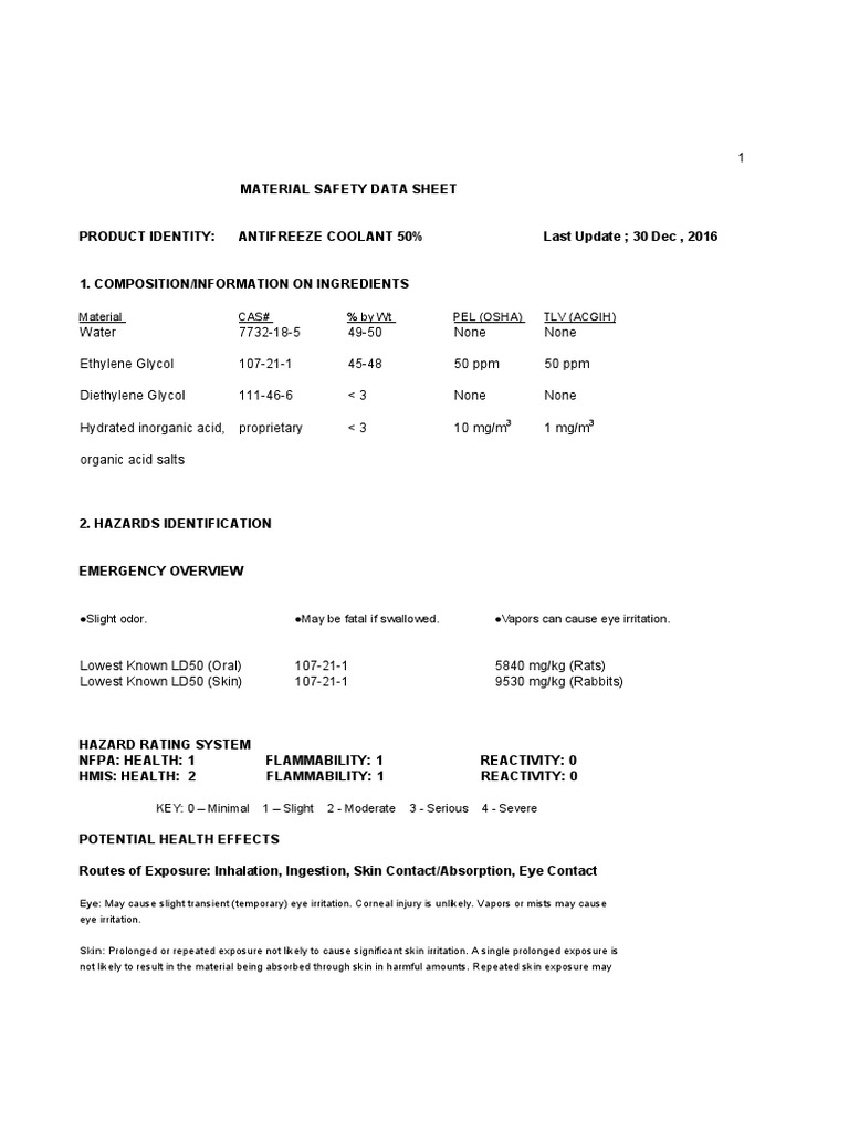 MSDS Coolant 50 PDF Chemistry Medical Specialties