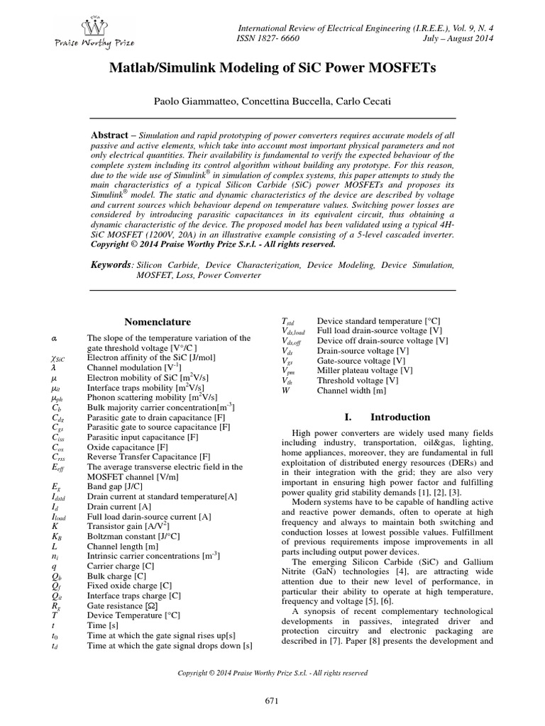 Matlab/Simulink Modeling of Sic Power Mosfets: Paolo Giammatteo ...