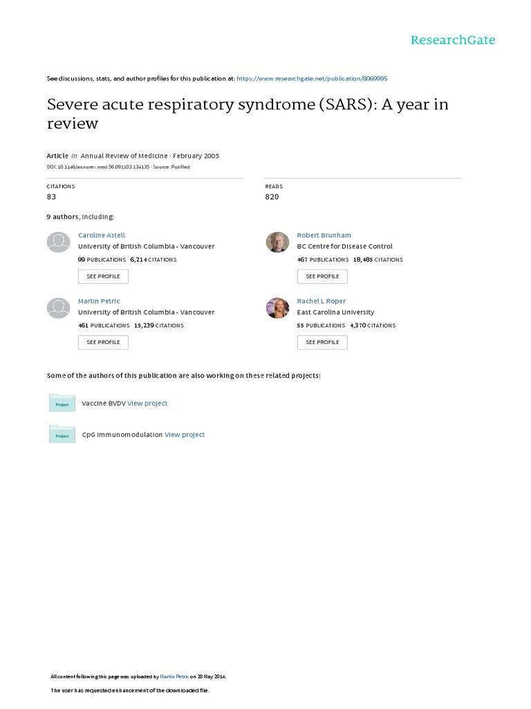 Severe Acute Respiratory Syndrome (SARS) : A Year in Review: Annual ...
