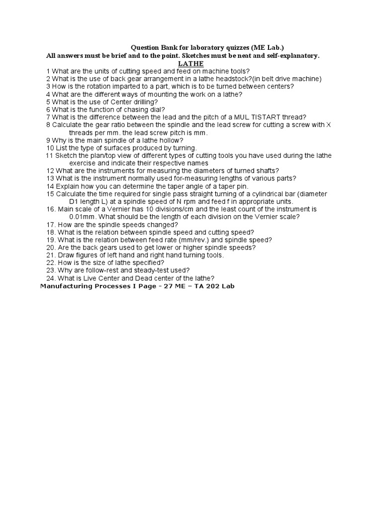 Question Bank For Laboratory Quizzes in TA202 (A) PDF Drilling Drill
