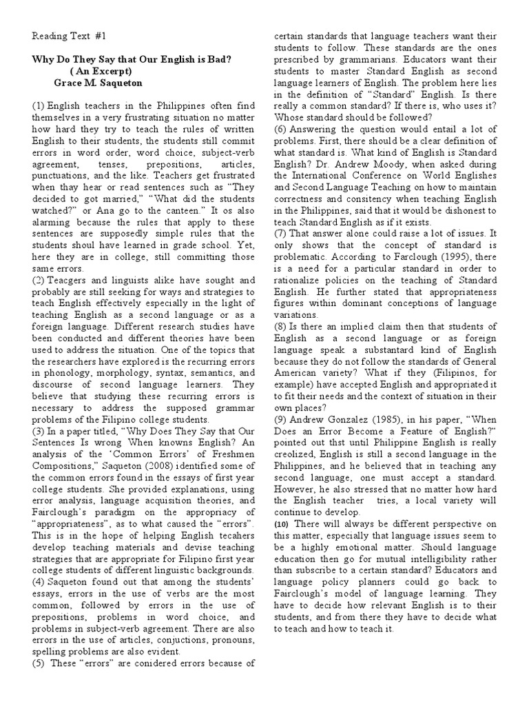 Why Do They Say That Our English Is Bad? (An Excerpt) Grace M. Saqueton