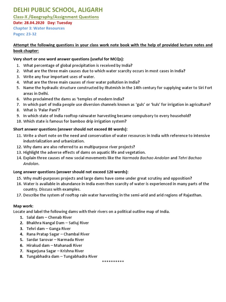 XTH Chapter 3 Water Resources (Assignment Questions) PDF