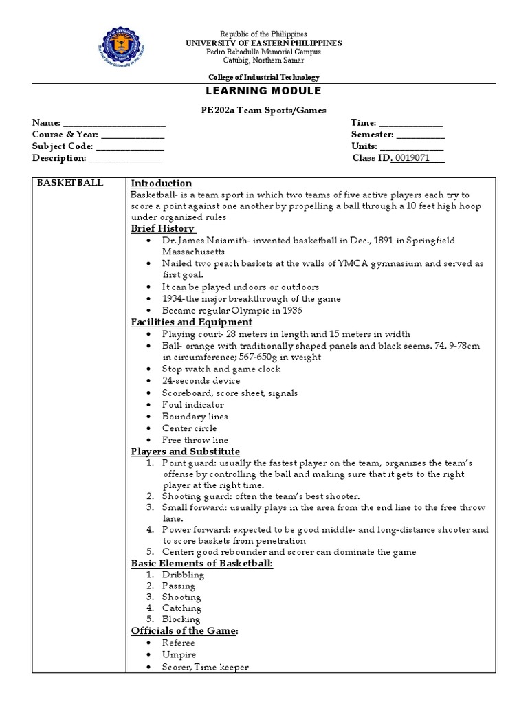 Basketball Learning Module for PE 202a | PDF | Basketball Positions ...