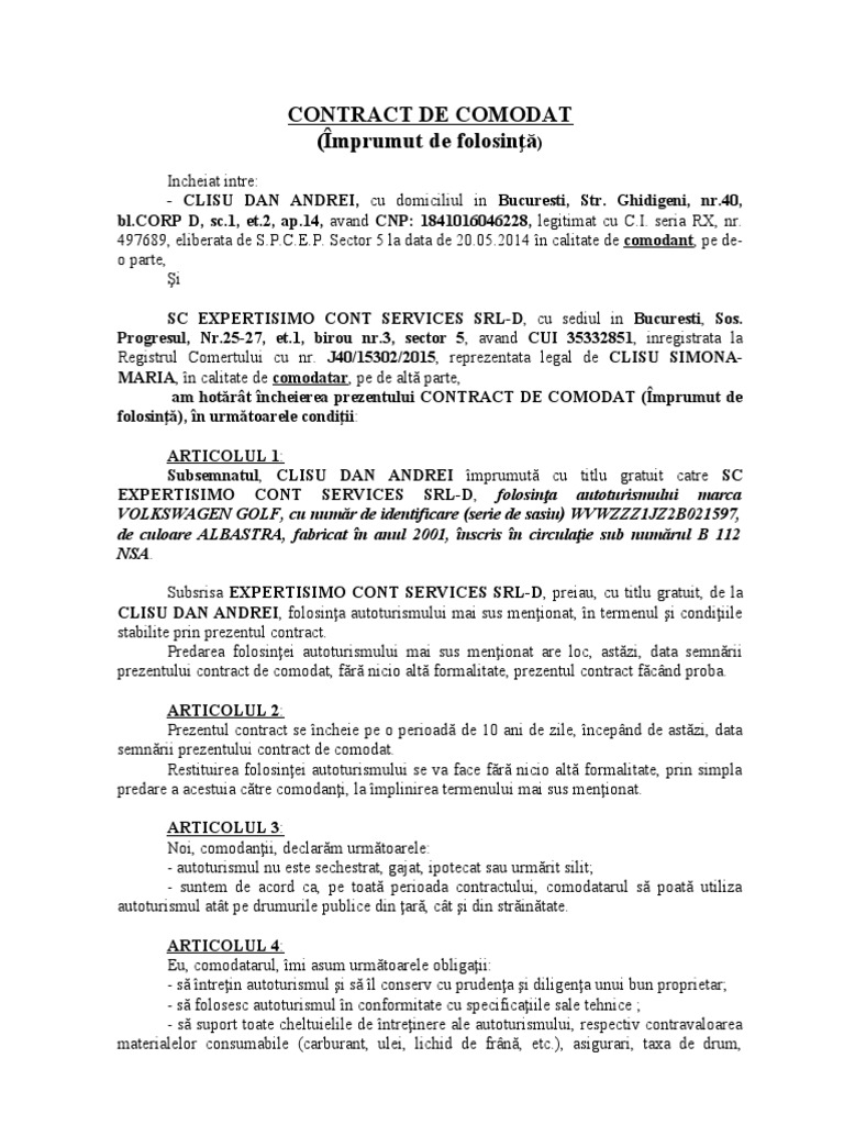 Contract Comodat Auto | PDF