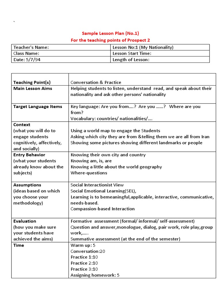 Sample Lesson Plans for Language Teaching | PDF | Educational ...