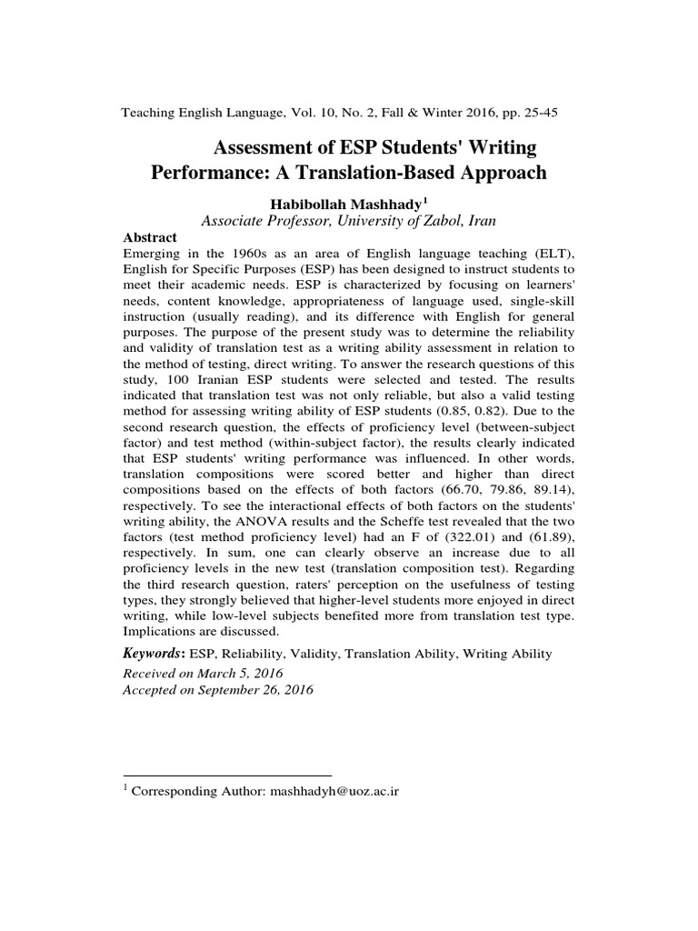 ESP Writing Assessment via Translation Test | PDF | English As A Second ...