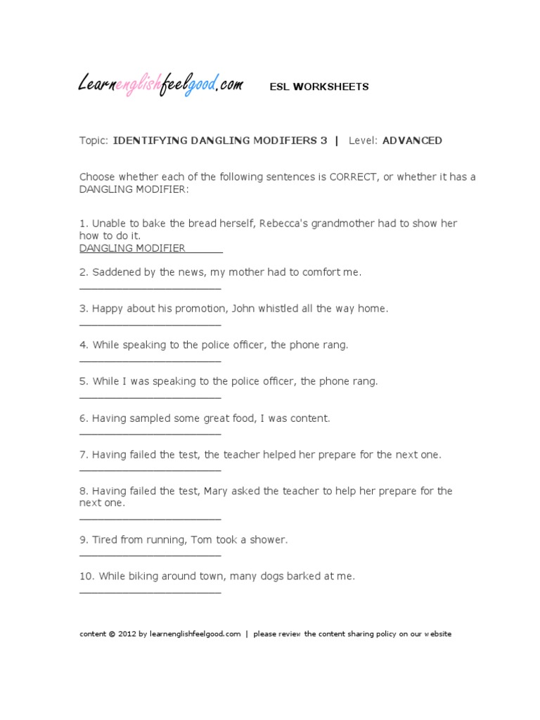 Advanced ESL: Identify Dangling Modifiers | PDF | Cooking, Food & Wine ...