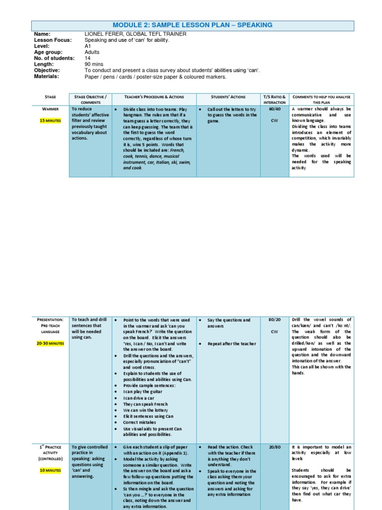 A1 Speaking Lesson Plan: Using 'Can' | PDF | Question | Human Communication